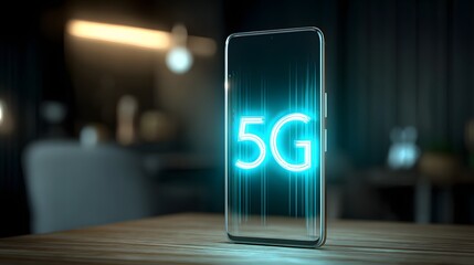 Glowing blue 5G symbol projected onto a smartphone screen, displayed on a wooden table in a blurred interior setting, offering a glimpse into the concept of high-speed wireless technology and...