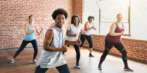 Fototapeta premium Group fitness class with diverse participants exercising. Smiling individuals in activewear, enjoying a workout in a bright studio with brick walls. Group of diverse people enjoy exercising in studio.