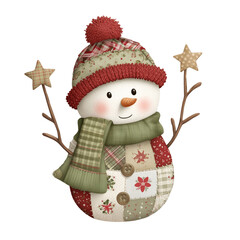 Clip art watercolor Cute Christmas snowman in patchwork fabric with a top hat, scarf, and buttons.  Cozy winter holiday design.Transparent Background