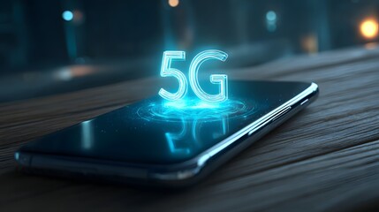 Digital depiction features a modern smartphone displaying the glowing 5G symbol with a futuristic interface, representing fast mobile network connectivity and wireless communication technology.
