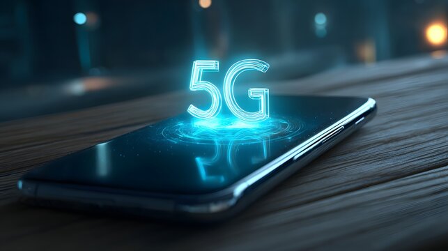 Digital depiction features a modern smartphone displaying the glowing 5G symbol with a futuristic interface, representing fast mobile network connectivity and wireless communication technology. - Powered by Adobe