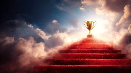ascension. A single shining trophy at the top of a red-carpeted staircase. event key visuals, club posters, designed for sports event promotions and stadium branding, used by fitness trainers.