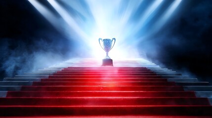 ascension. A single shining trophy at the top of a red-carpeted staircase. event key visuals, club posters, designed for sports event promotions and stadium branding, used by fitness trainers.