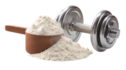 Scoop of protein powder next to a dumbbell isolated on transparent background