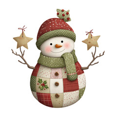 Clip art watercolor Cute Christmas snowman in patchwork fabric with a top hat, scarf, and buttons.  Cozy winter holiday design.Transparent Background