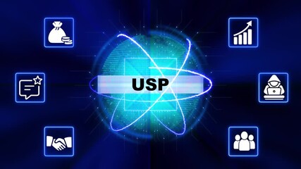Unique Selling Proposition concept with glowing atom and business icons digital network technology innovation strategy marketing success