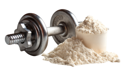 Dumbbell and protein powder isolated on transparent background