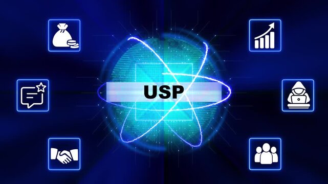 Unique Selling Proposition concept with glowing atom and business icons digital network technology innovation strategy marketing success