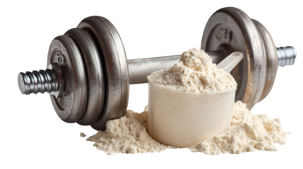 Dumbbell and protein powder scoop isolated on transparent background