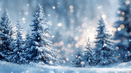 Serene winter landscape showcases snow-covered evergreen trees in a dreamy setting, complete with gentle falling snow and soft, out-of-focus glowing orbs, creating a magical atmosphere in shades of...