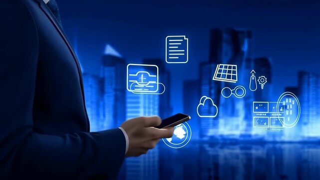 Businessman using smartphone with futuristic digital interface overlay - Powered by Adobe