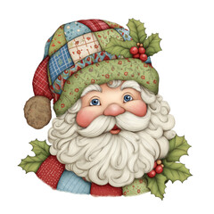 Clip art watercolor illustration of a jolly Santa Claus head with a quilted fabric pattern and holly accents.Transparent Background