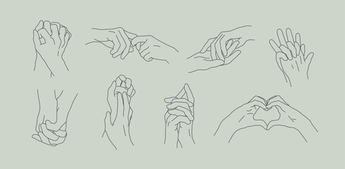 Linear set of two lovers hands together. Silhouettes of human hands of couple touching and holding each other. Outline concept of love, intimate moment, Valentine's day for card, print, decoration