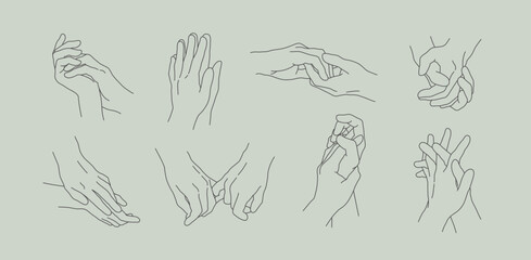 Linear set of two lovers hands together. Silhouettes of human hands of couple touching and holding each other. Outline vintage concept of love, intimate moment, Valentine's day for card, print