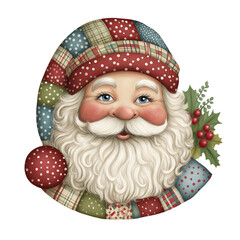 Clip art watercolor illustration of a jolly Santa Claus head with a quilted fabric pattern and holly accents.Transparent Background