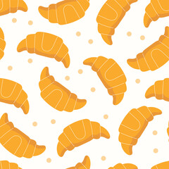 Seamless pattern featuring stylized croissants scattered across a white background with small, pale orange dots.