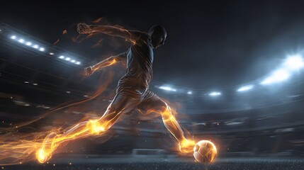 A dynamic football player is captured in full action, kicking the ball with fiery energy trails radiating from his body, symbolizing speed and power within a stadium setting lit by bright spotlights.