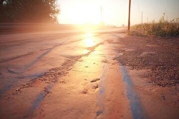 Rural road reflects golden sunset; tire tracks and vegetation seen