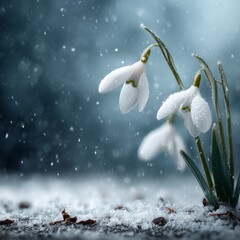 Serenity of the early blooms in a whispering snowy landscape. Large format. Blossoming snowdrops and spring flora in a mist-enveloped scene. Blank background. Copy space.