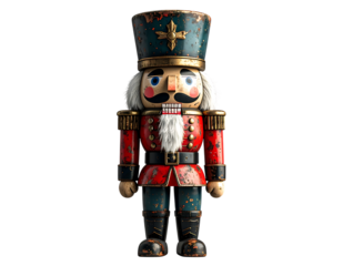 Classic vintage wooden nutcracker soldier doll in traditional uniform, isolated on a clean background.