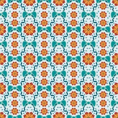 Retro Mid-Century Floral Seamless Pattern. Vintage Orange Flower and Teal Ribbon Background. Autumn Groovy Textile.