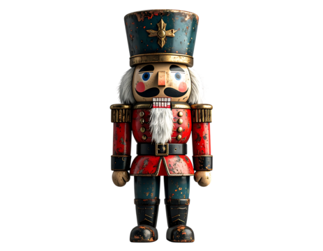 Classic vintage wooden nutcracker soldier doll in traditional uniform, isolated on a clean background.