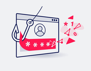 Password leak symbol with a login screen and fishing hook stealing someone's personal password. Easy to use for your website or presentation.