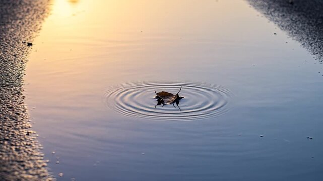 Leaf floating in a puddle reflecting sunlight and sky during golden hour