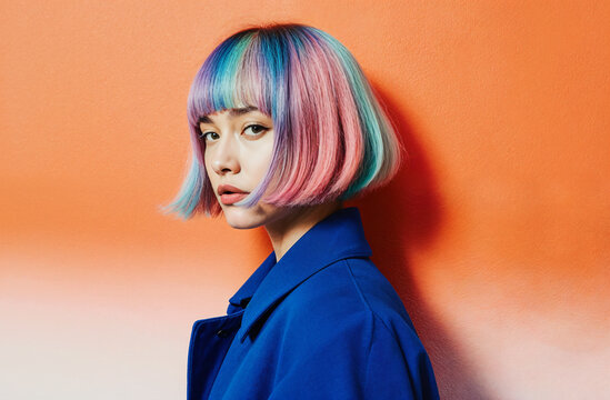 Mujer con corte bob y cabello multicolor sobre fondo naranja minimalista