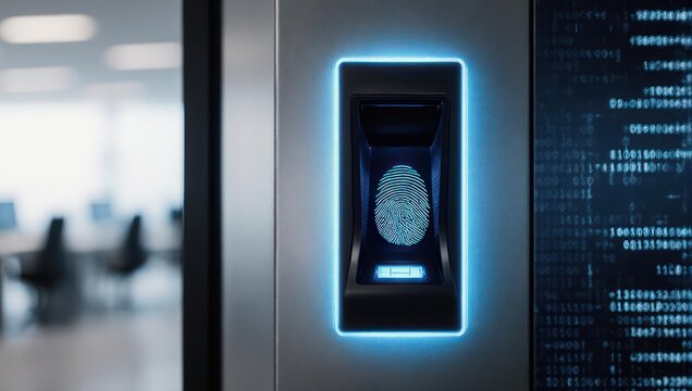 A close-up shot of a biometric fingerprint scanner with a glowing blue frame, security