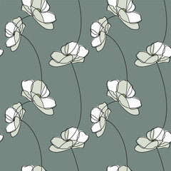 White flower seamless pattern vector. Hand drawn floral illustration. Abstract outline botanical backdrop. Line continuous wallpaper, white cartoon background, fabric, textile print.