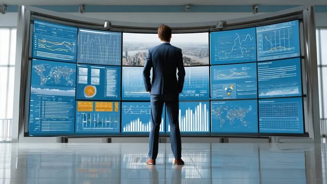 Visionary in Command: A focused individual stands before a command center of monitors, deeply engrossed in data analysis, symbolizing strategic insight and operational intelligence.