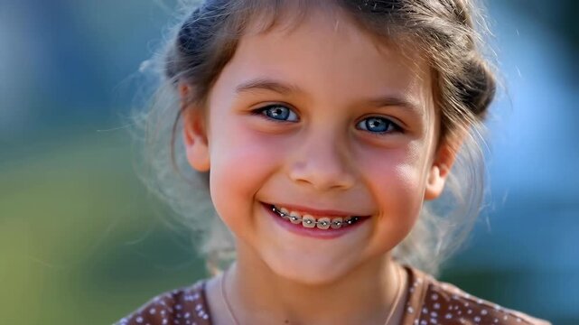 Close-up portrait of a young girl with braces smiling brightly outdoors