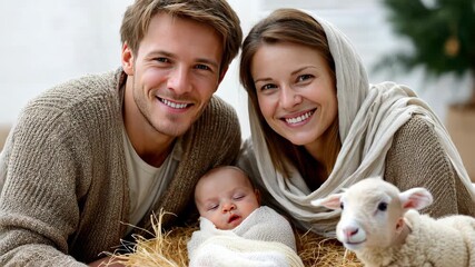 Happy family posing with newborn and lamb at home during cozy winter day