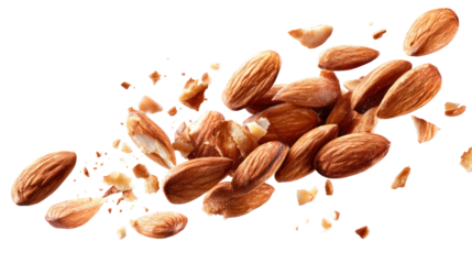 Scattered almonds falling and breaking apart isolated on transparent background