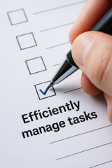 Efficiently task management checklist with pen marking completed box expressing satisfaction