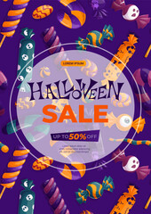 A template for making flyers for Halloween. Candies, lollipops, marshmallows, caramel sticks. Autumn discounts, sale. Vector illustration in A4 format for posters, banners, promotions, advertisements