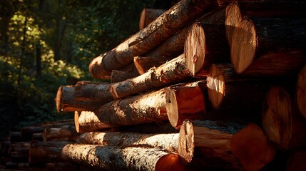 Pile of freshly cut logs stacked together, showcasing the texture and natural grain of the wood.