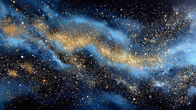 Celestial Canvas: An abstract depiction of a celestial body is filled with gold particles sprinkled across a vibrant expanse of blues and blacks, evoking a sense of cosmic wonder.