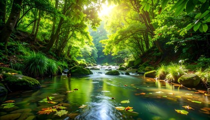 Lush green forest canopy with sunlight streaming through branches