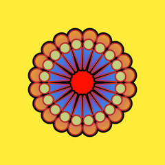 Bright colorful mandala with geometric flower symmetry on yellow background, representing harmony and creativity.