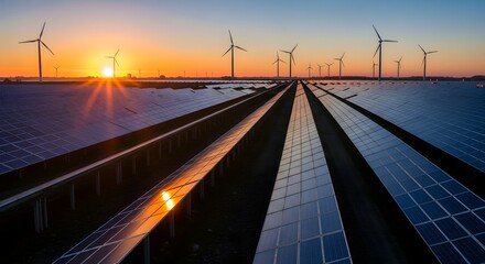 Solar Panels and Wind Turbines at Sunset Generating Renewable Energy in Modern Power Farm