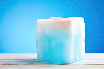 Frozen cube fades blue to white, sits on wood