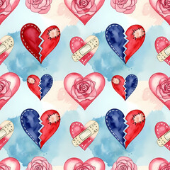 Seamless pattern of watercolor hearts and roses design