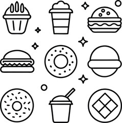 Collection of delicious fast food and sweet snack icons including burgers donuts coffee and cupcakes for modern food branding
