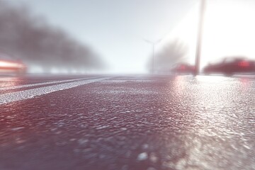 Foggy road, wet asphalt reflects light, hazy cars and trees