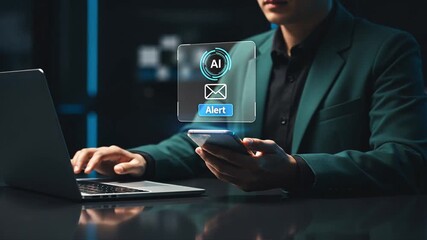 Businessman holding smartphone with floating ai envelope icon and alert text, futuristic digital interface, message alert, digital communication - Powered by Adobe