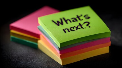Colorful sticky notes display a motivational message, stacked to present a question about future plans, with a dark background to emphasize the vibrant hues; the writing prompts contemplation and...
