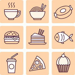 Collection of nine stylized food icons including a steaming hot coffee cup noodles burger slice of cake fish a soda drink and cupcake