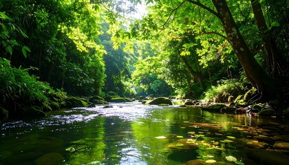 Lush green forest landscape with water reflection and natural light